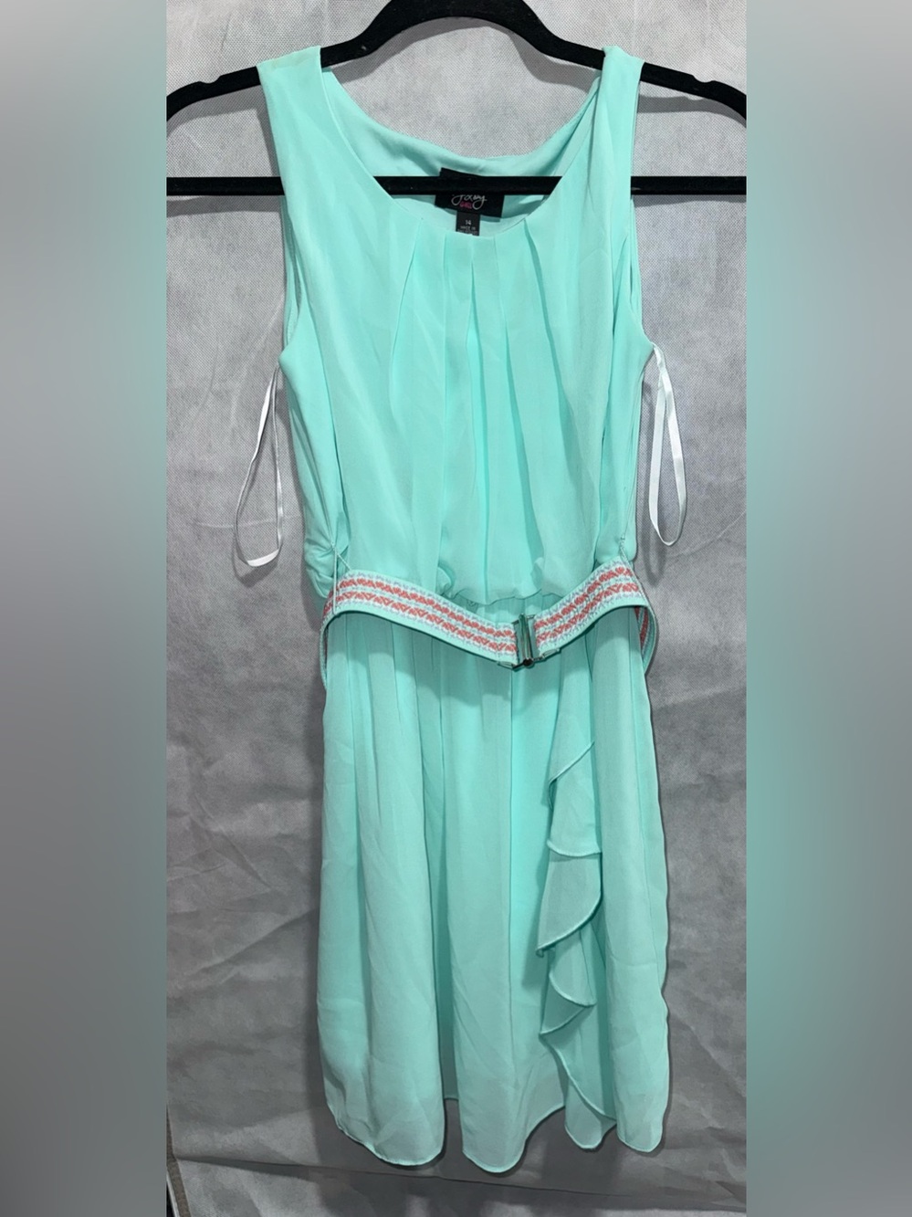 Girls Sleeveless Mint Belted Midi Dress with Ruffle Detail